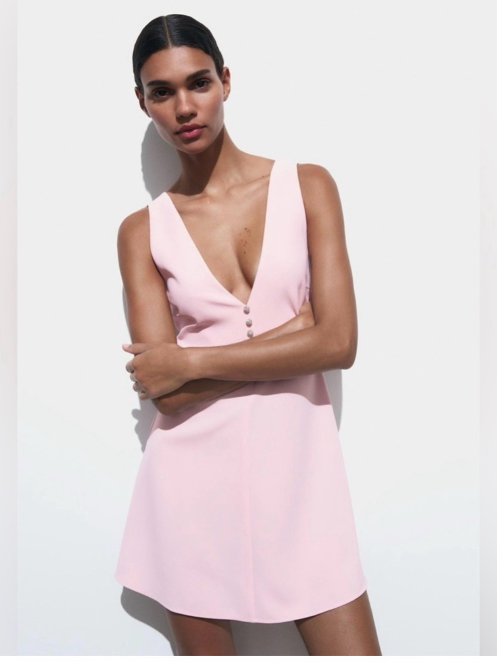 Zara Light Pink Deep V Mini Dress